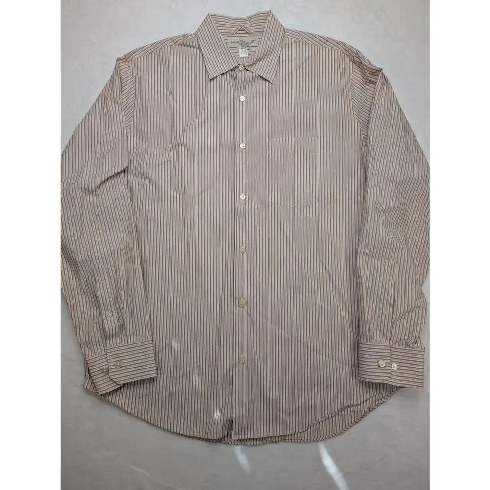 Banana Republic Vintage Mens Button Down Shirt XL 17-17.5‎ Beige Vertical Stripe